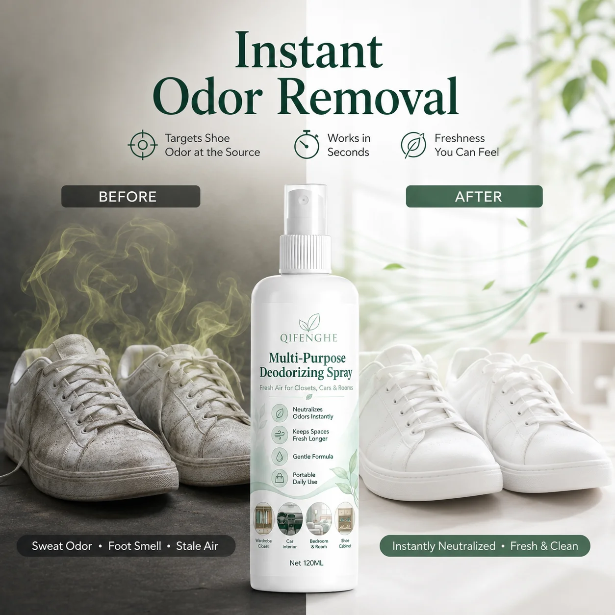 QIFENGHE 120ml Shoe Deodorizer Spray, Fast-Acting Smell Remover, Long-Lasting Antibacterial Freshener, Safe for Sneakers, Boots,