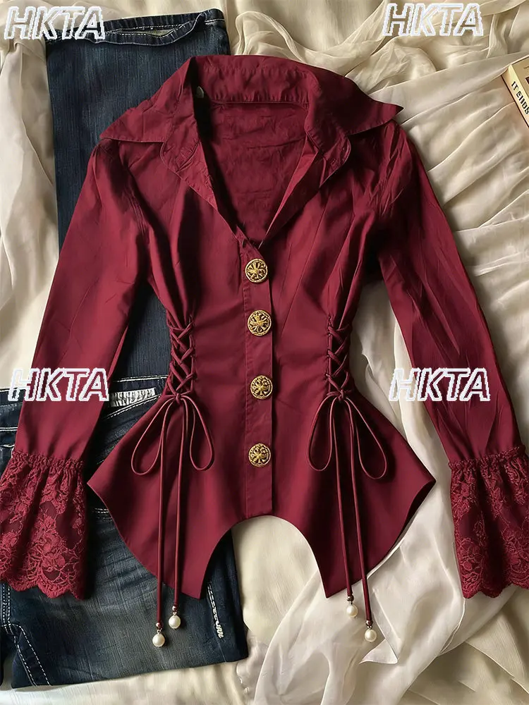 

Vintage Elegant Waist Slim Sweet Cool Lapel Horn Long Sleeved Metal Buckle Lace Bow Lace Up Shirt Temperament Blusas Top Women