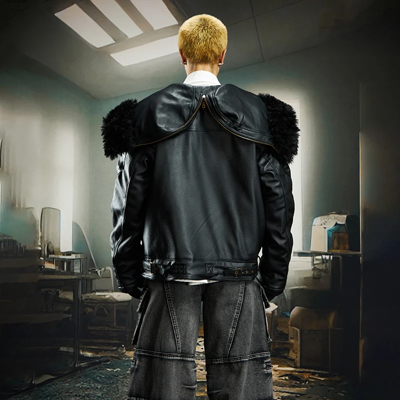 LUZHEN 2025 جديد شخصية سستة الربط فو الفراء مقنعين سترة جلدية الرجال أنيق الأصلي الشارع الذكور معطف مبطّن JY5300