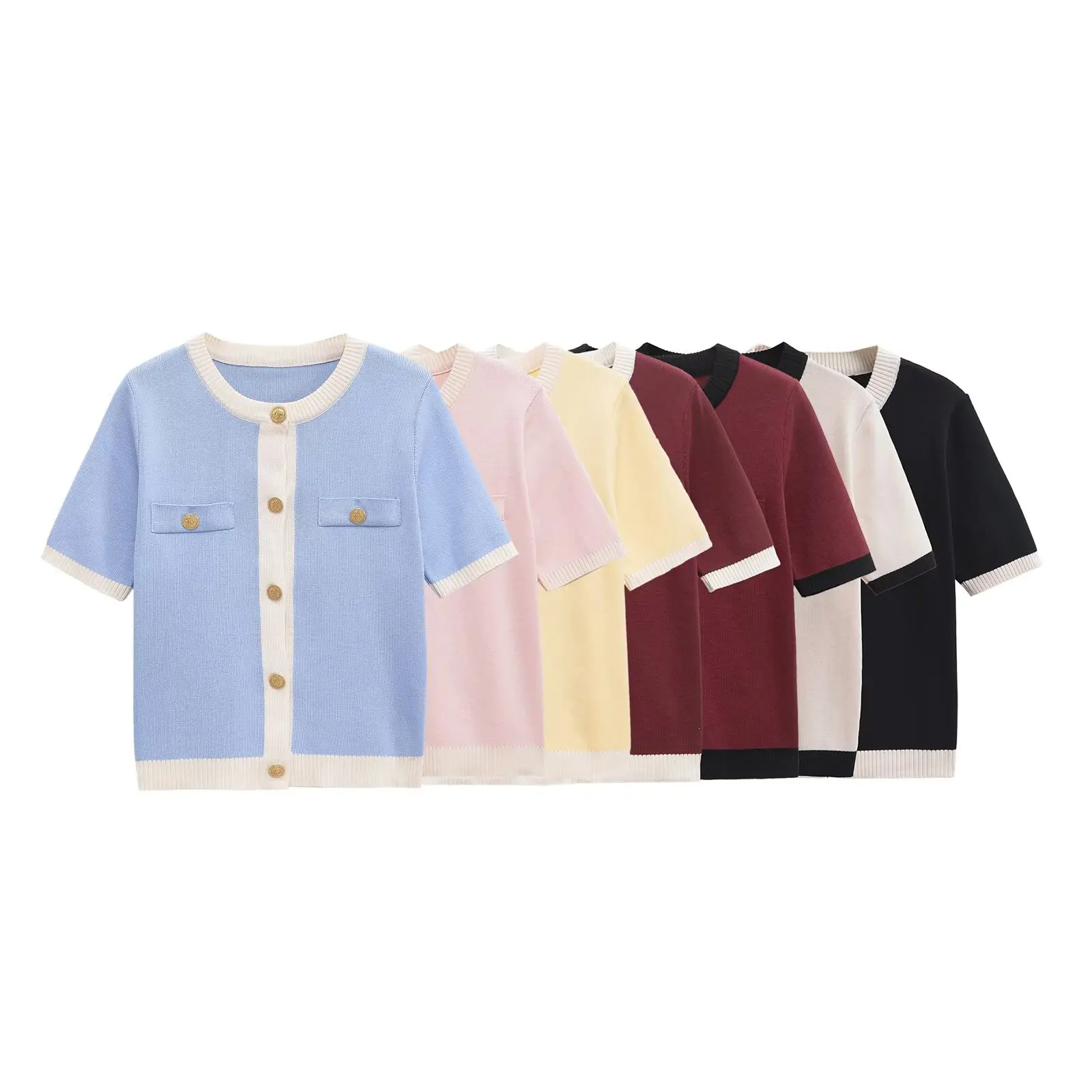 

BSK&TRAF2025 women's summer new contrast color trim metal buttons casual temperament round neck short-sleeved knitted jacket
