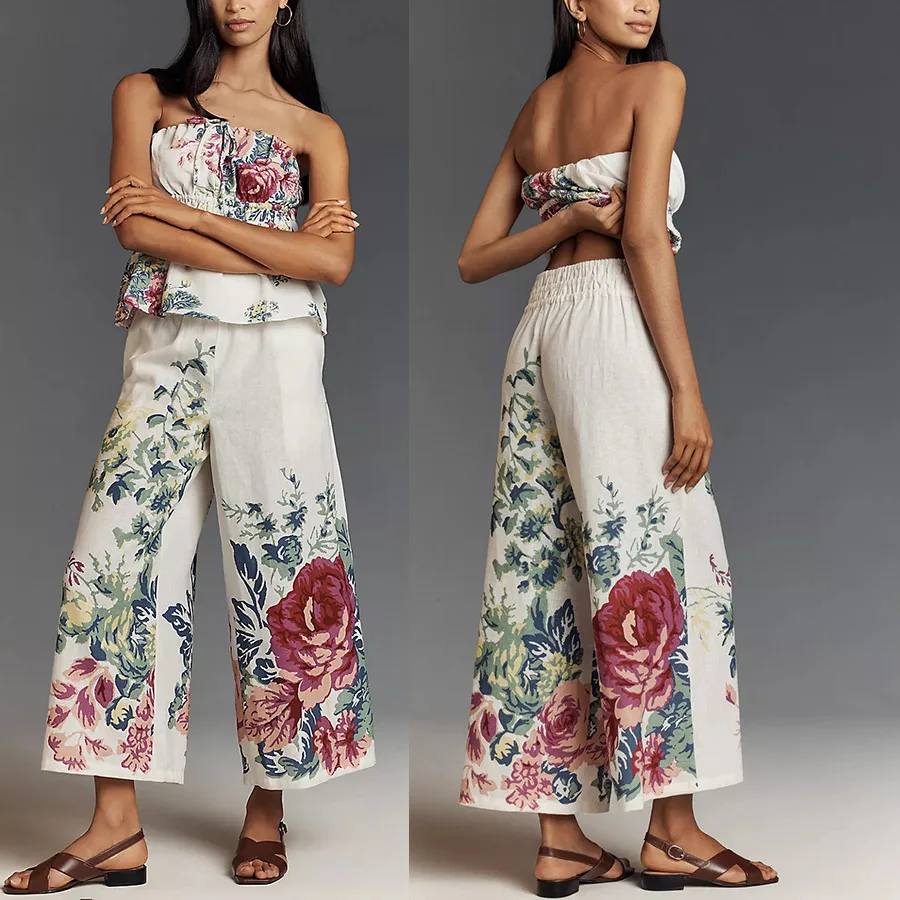 

2pcs Clothes Set Spring Summer New Flower Floral Printing Strapless Sleeveless Top & Loose Wide Leg Pants