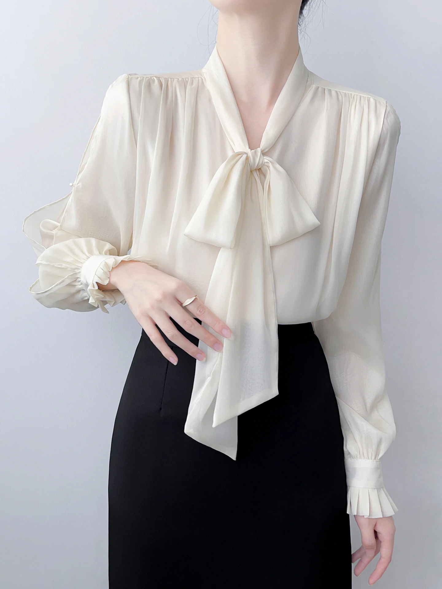 

Ele Korean Sle Women's Long Sve irt with Sa Knot Commute Faion High End Chiffon Top Breathable Skin-...