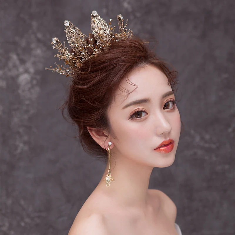 Baroque Retro Bronze Crown Wedding Bridal Tiara Hair Accessories Vintage Crystal Bride Princess Marriage Queen Headpiece