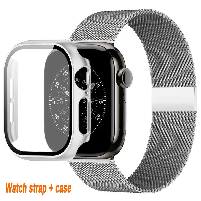 Gehärtetes Glas + Abdeckung für Apple Watch Gehäuse 46 mm 42 45 mm 41 44 mm Displayschutzfolie Serie 11 10 9 6 SE 7 8 Milanaise-Schlaufe + Gehäuse + Bänder