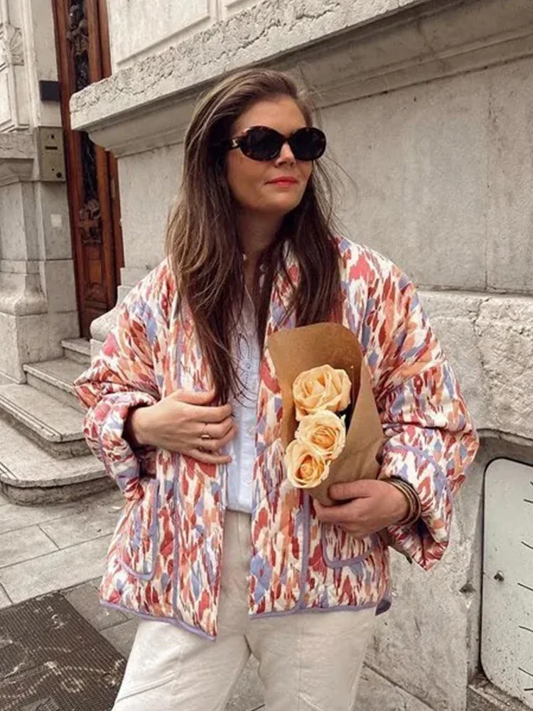

Chicheca Pockets Printed Vintage Cardigan Coat Padded Thick Autumn Winter Parka Black Oversize Streetwear Fashion Coat Jacket