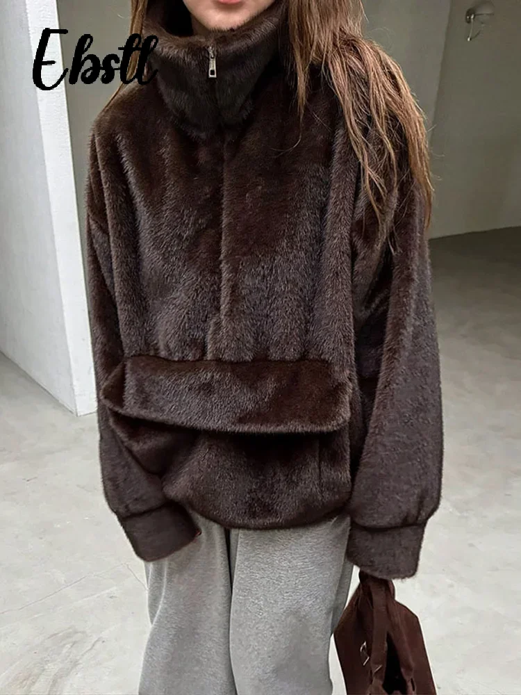 Gezellige namaakbont halve rits jassen dames losse opstaande kraag grote zak jas met volledige mouw 2026 lente nieuwe dame casual streetwear