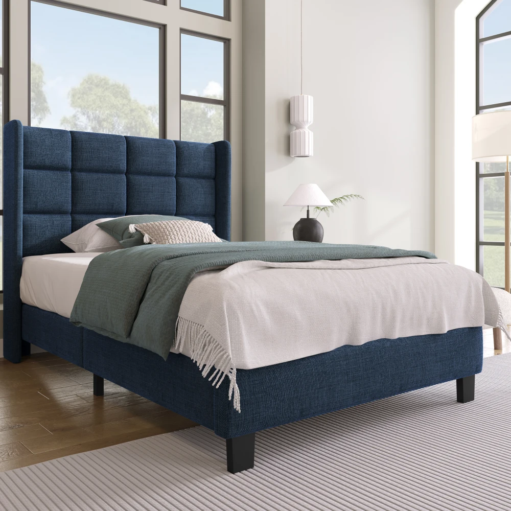 PINGGO Modernes Gepolstertes Einzelbett 90x200cm Blaues Leinen Gepolstertes Kopfteil Schiefergitter Mittlere Festigkeit Ohne Matratze – Detail 2