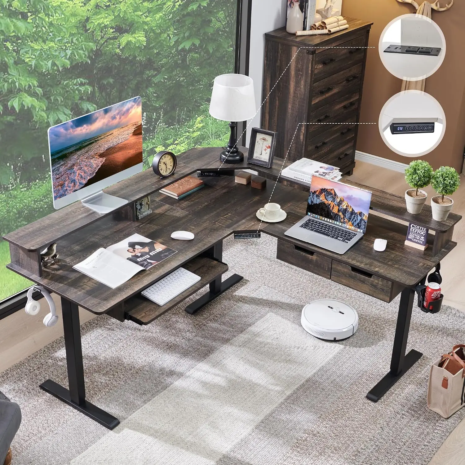 L Shaped Electric Standing Desk Height Adjustable Gaming Desk Drawer Tray Power Outlets LED Lights Shelf 60