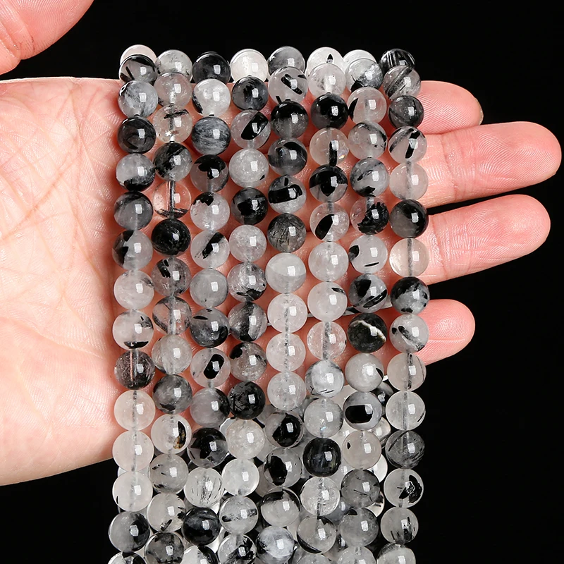 3A Quality Natural Black Rutilated Quartz Round Loose Crystals Healing Beads For Jewelry Making Diy Bracelet Necklace Accessory