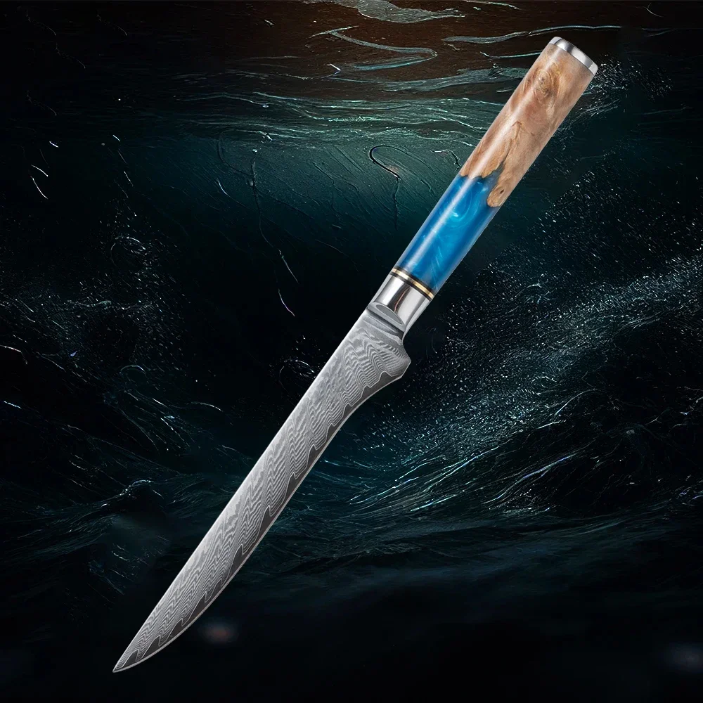 Professional Damascus Steel Boning Knife, Blue Resin Handle, Perfect for Precision Deboning and Filleting, Sharp, Durable