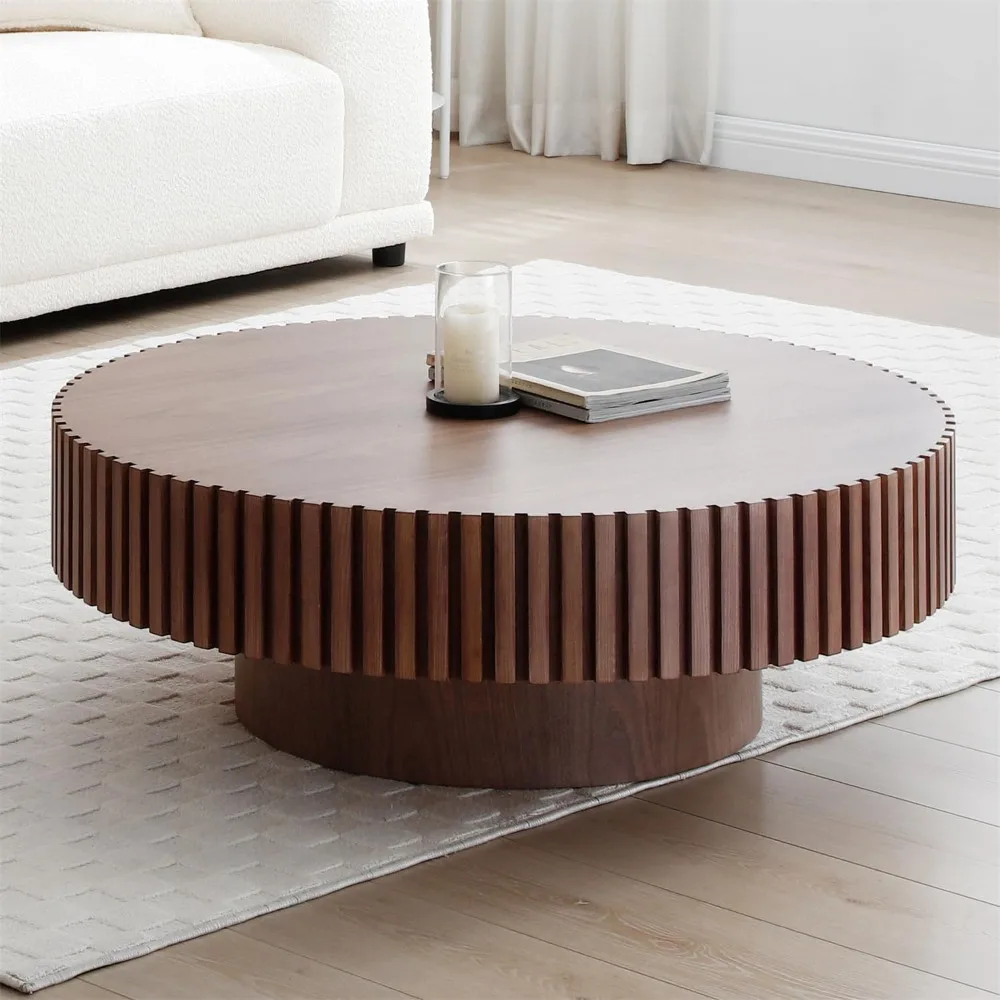 

31.49'' Walnut Coffee Table Round Wood Modern Solid Wood Veneer Handcrafted Relief Tea Table with Sturdy Pedestal