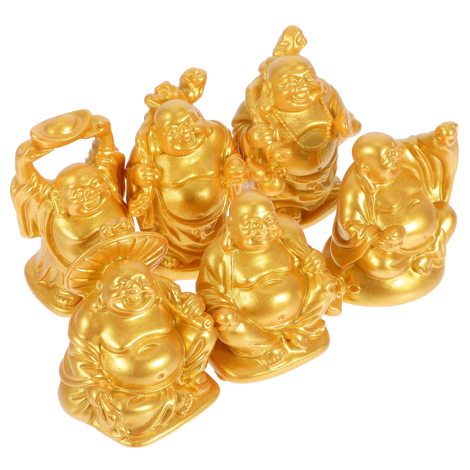6Pcs Resin Laughing Buddha Statue Compact Prosperity Sculpture Chinese Buddha Decor Zen Tranquility Ornament for Shelf Desk