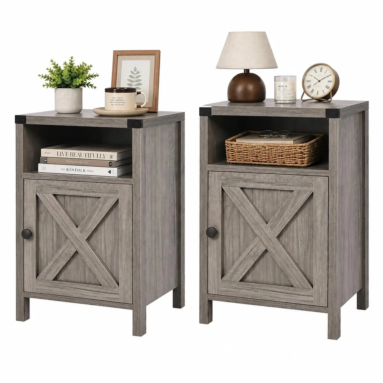 Farmhouse End Table, Nightstand with Barn Door and Shelf,Set of 2,Grey Wash