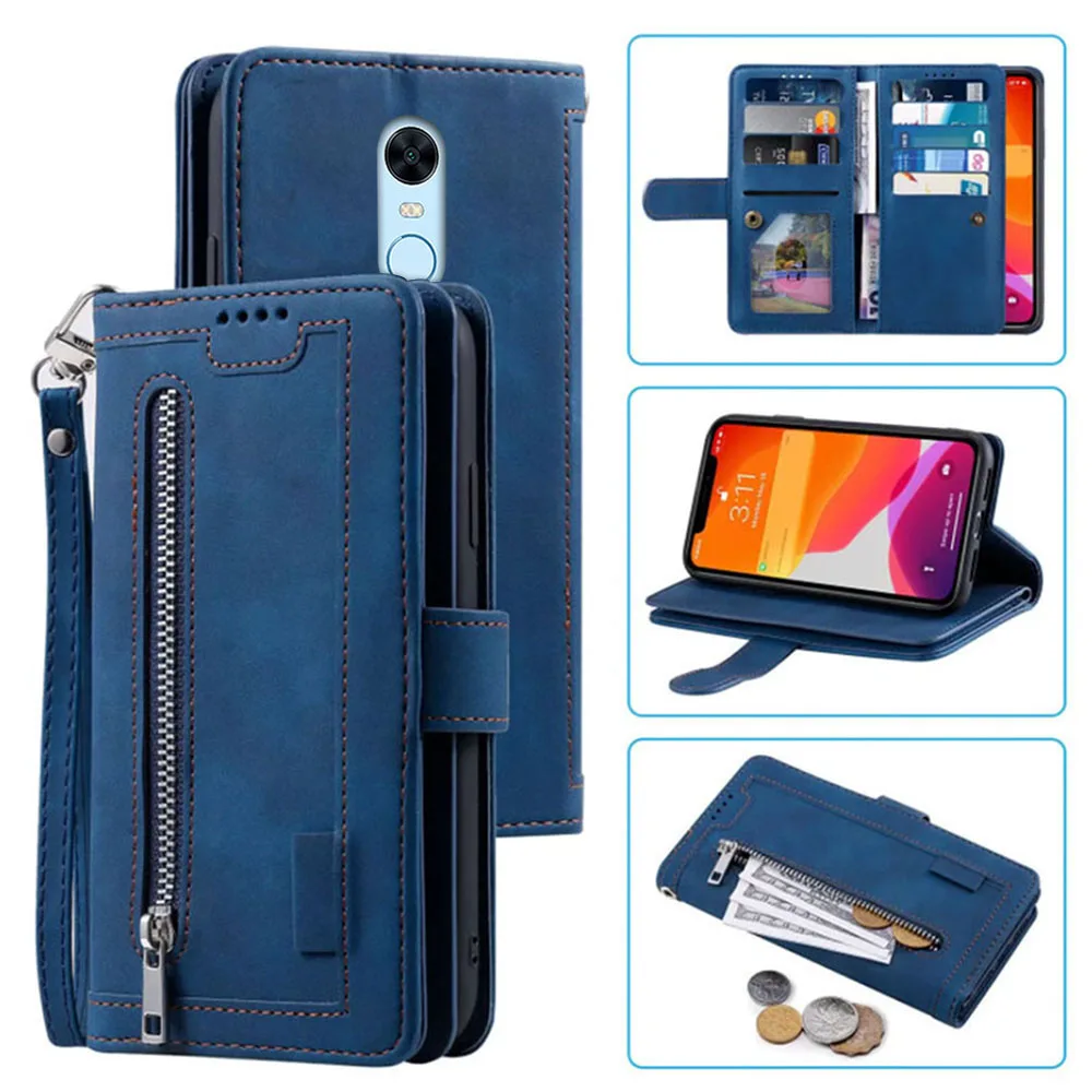 9 Cards Wallet Case for Redmi 5 Plus Phone Case Card Slot Zipper Flip Folio with Wrist Strap for Redmi Note 5 Leather Case image 5