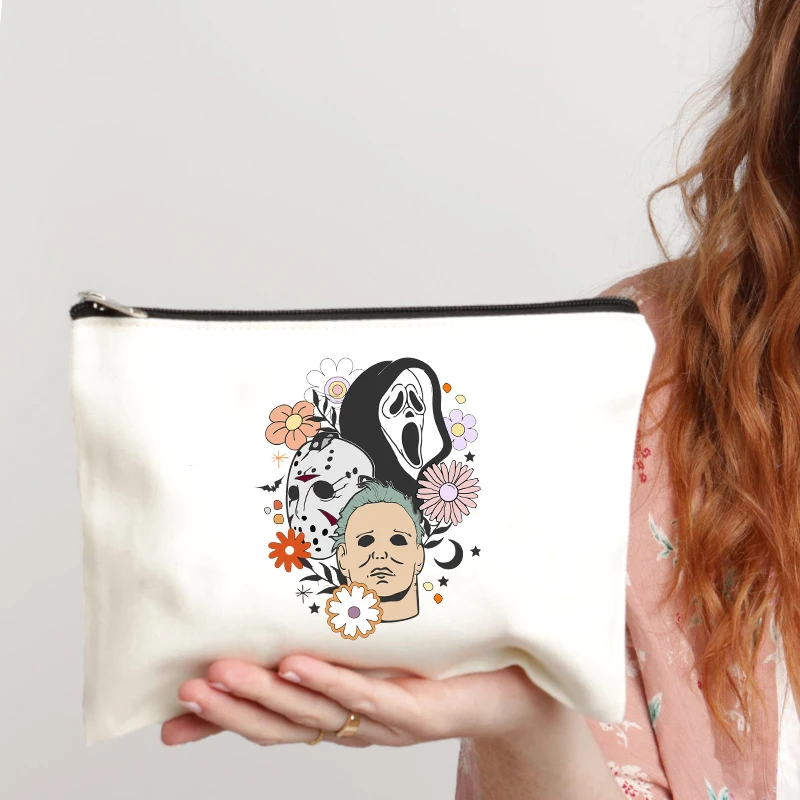 Bolsa de cosméticos con patrón de temporada Spooky para mujer, bolsa de almacenamiento de viaje de lona informal, fantasma occidental, regalo de Halloween, bolsa de aseo