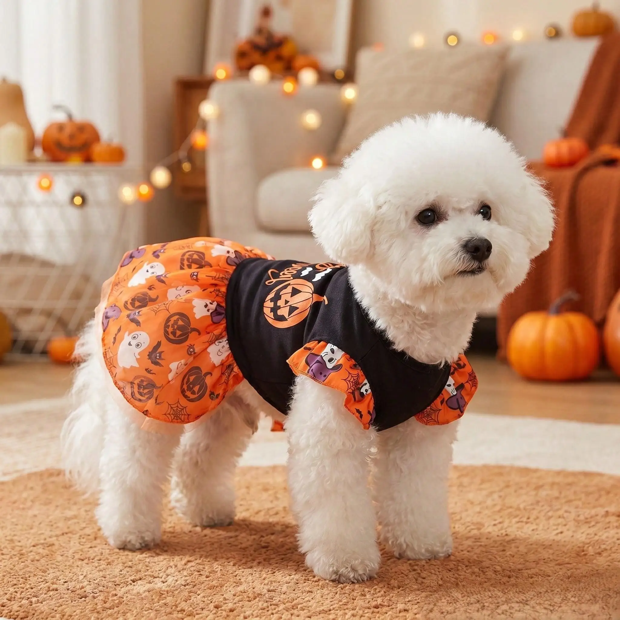 Fröhliches Halloween-Hundekleid mit Rüschen, Kürbis, Geist, Fledermaus, Spinne, orangefarbenem Netz-Tüllrock, Haustier-Outfit für kleine und mittelgroße Hunde und Katzen – Detail 7
