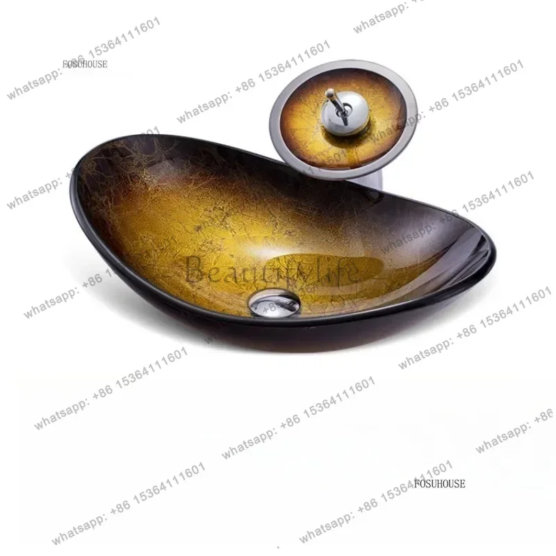 FG Tempered Glass Bathroom Vessel Sink with Waterfall Bathroom Oval Blue Vessel Sinks Black Faucet Tap Above Counter Basin
