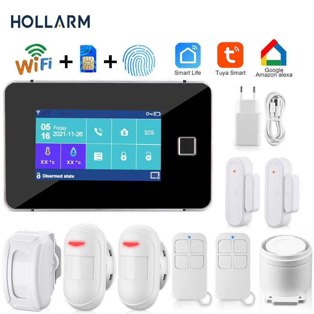 

Hollarm Tuya WiFi Alarm System GSM Smart Home Security Alarm Wireless Sensor Touch Screen Fingerprint Alarm Kit Works With Alexa