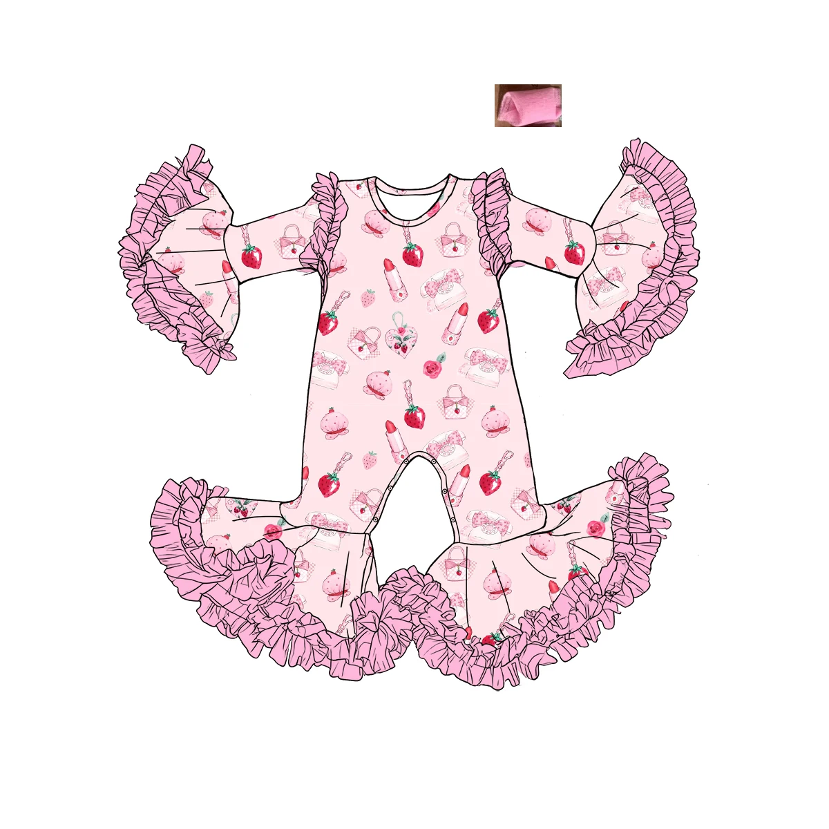 Toddler Girl Cherry Print Romper Red Ruffle Tulle Bell Sleeve Jumpsuit Boutique Cute Casual Clothes for Baby Girls Custom - view 2