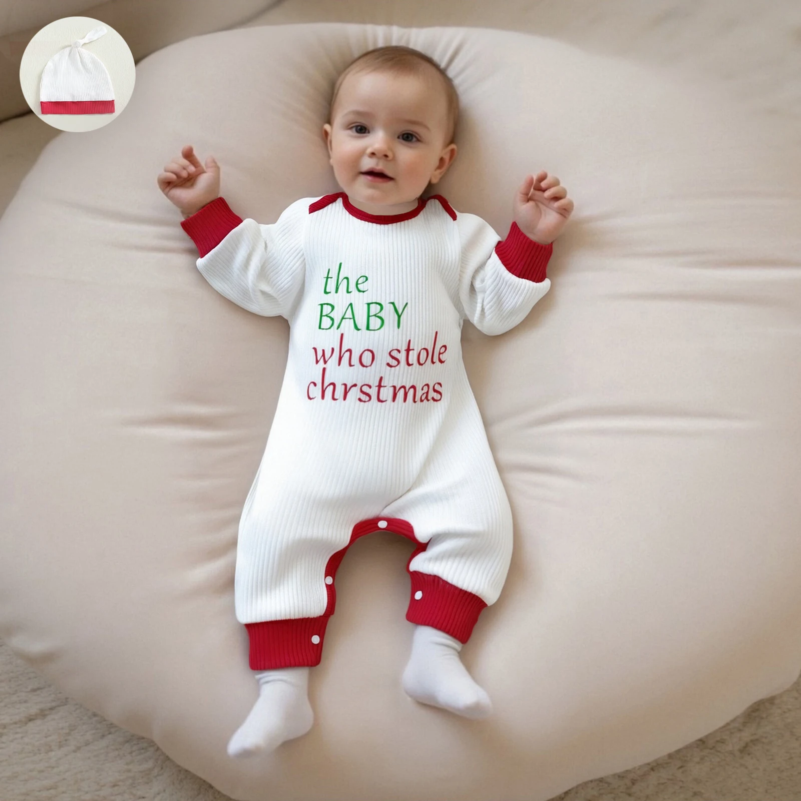 Baby Christmas Romper Set, Long Sleeve Crew Neck Letters Print Jumpsuit with Hat Clothes