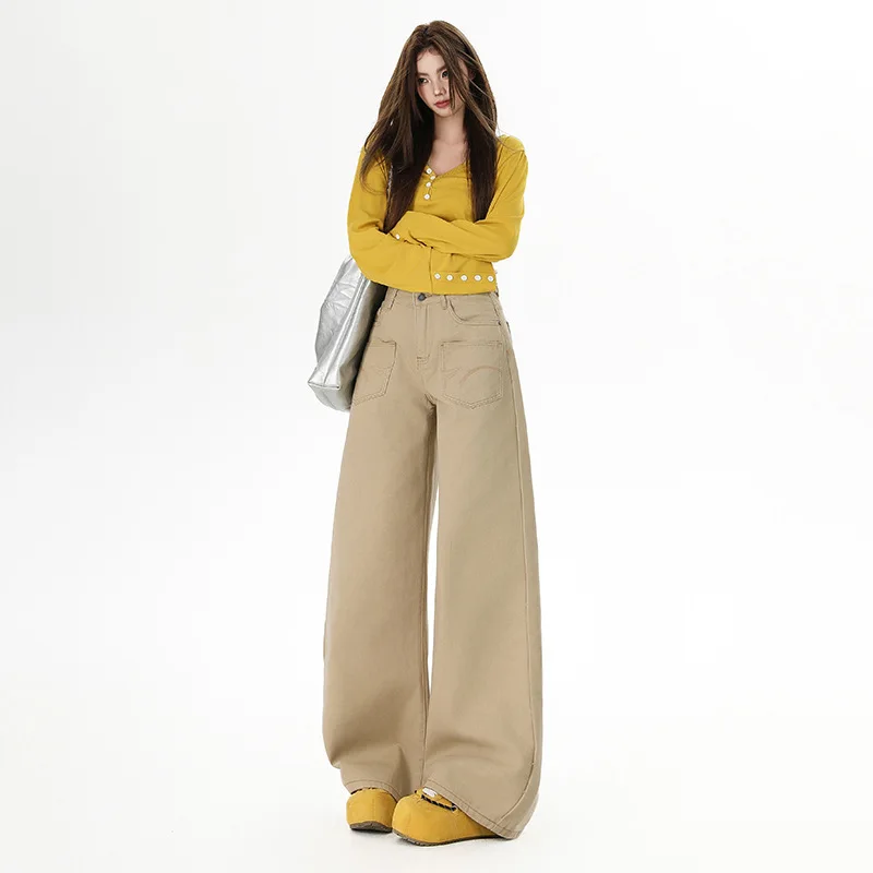 

Khaki High-Waisted Wide-Leg Jeans For Women New Loose Slimming Straight-Leg Draped Floor-Length Scimitar Pants