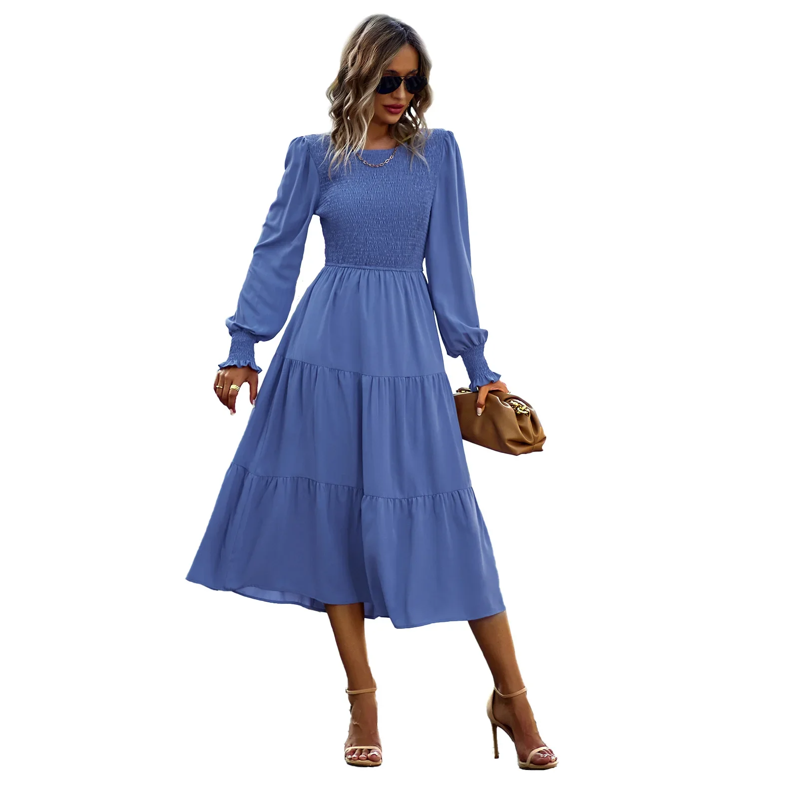 

Women Wrinkle Elastic Free Chest Design Maxi Dress Autumn Long Sleeve Round Neck Solid Loose Fit Dresses Splice Fall Femlae Robe