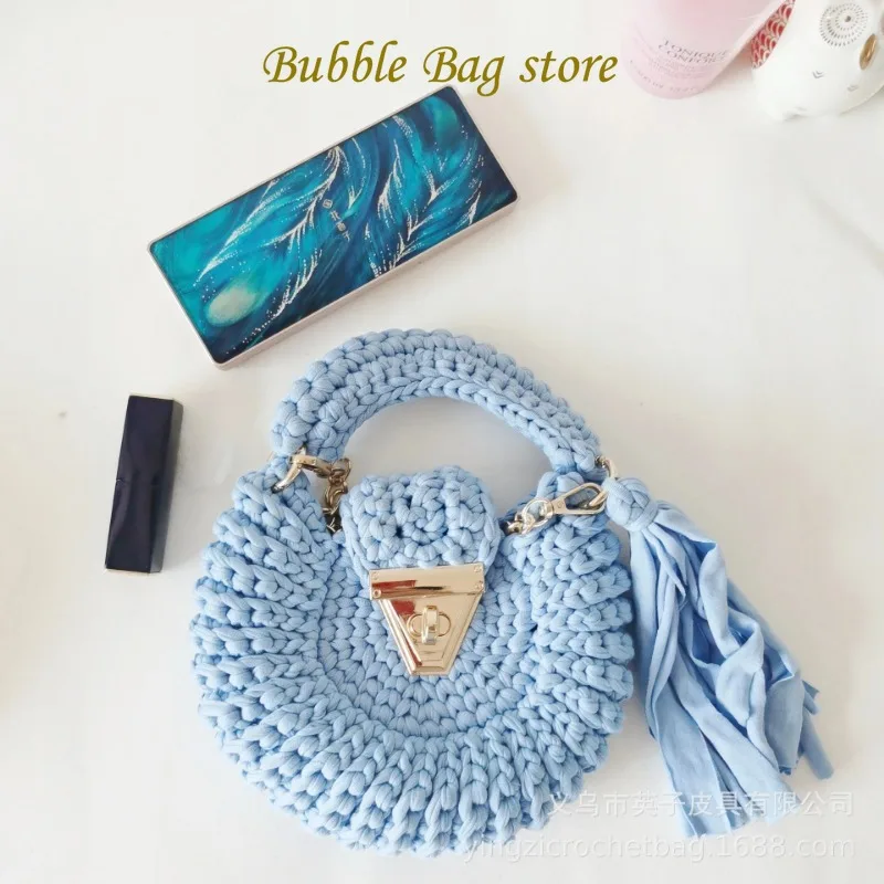 Women's Solid Color Fabric Crochet Bag Hot Selling Circular Tassel Shoulder Diagonal Crossbags for Women Luxury Designer Handbag