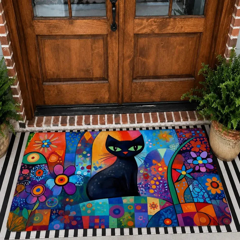 Abstract Black Cat Geometric Print Floor Mat Flannel Door Mat Non-Slip Washable Foam Entryway Rug for Bathroom Bedroom Entryway