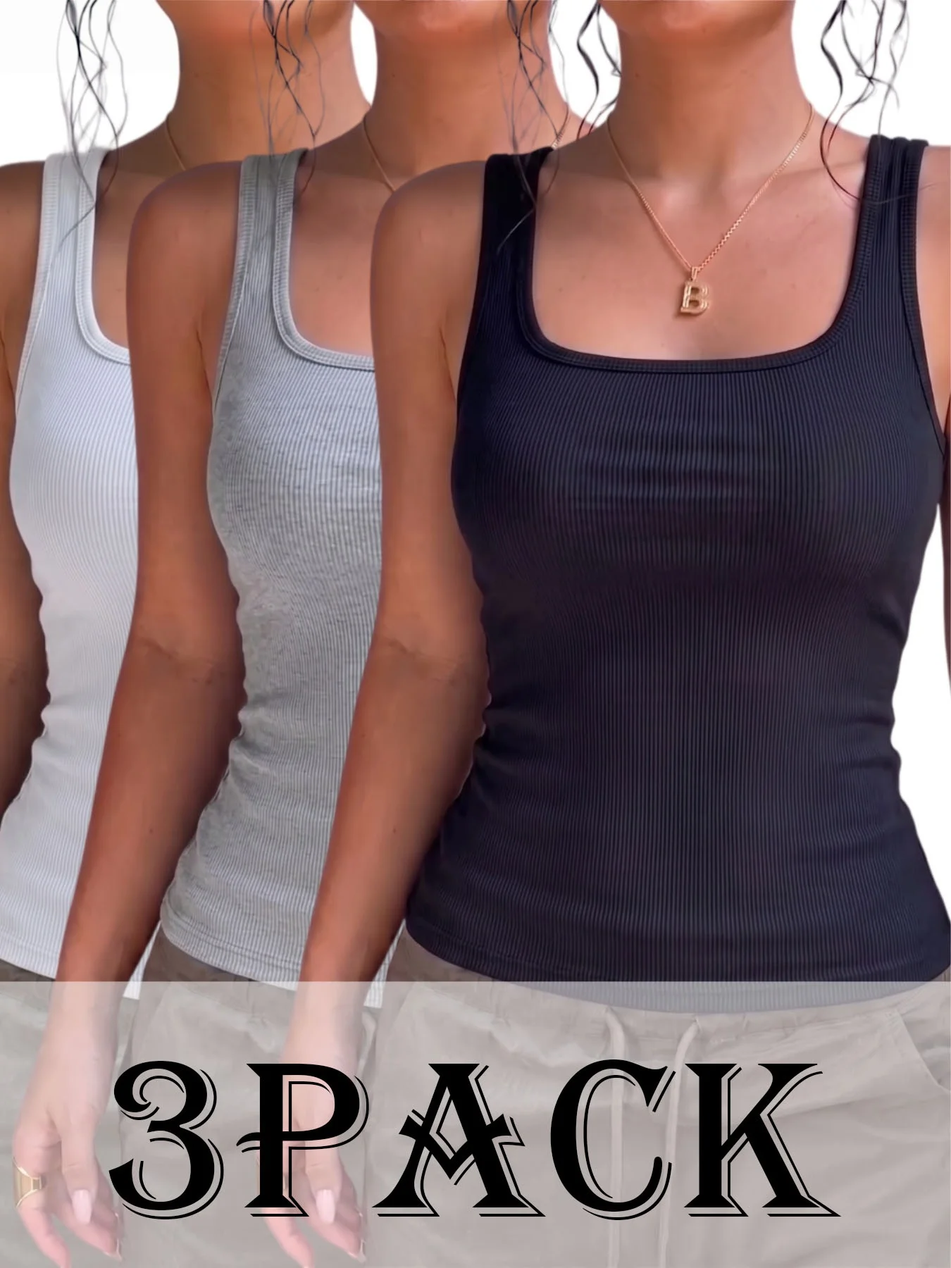 3-Pack Ribbed Wide-Strap Square-Neck Sleeveless Tank Tops for Women, Stretchy Slim-Fit Basic Style, Versatile Solid Color Camisole for Layering or Wearing Alone