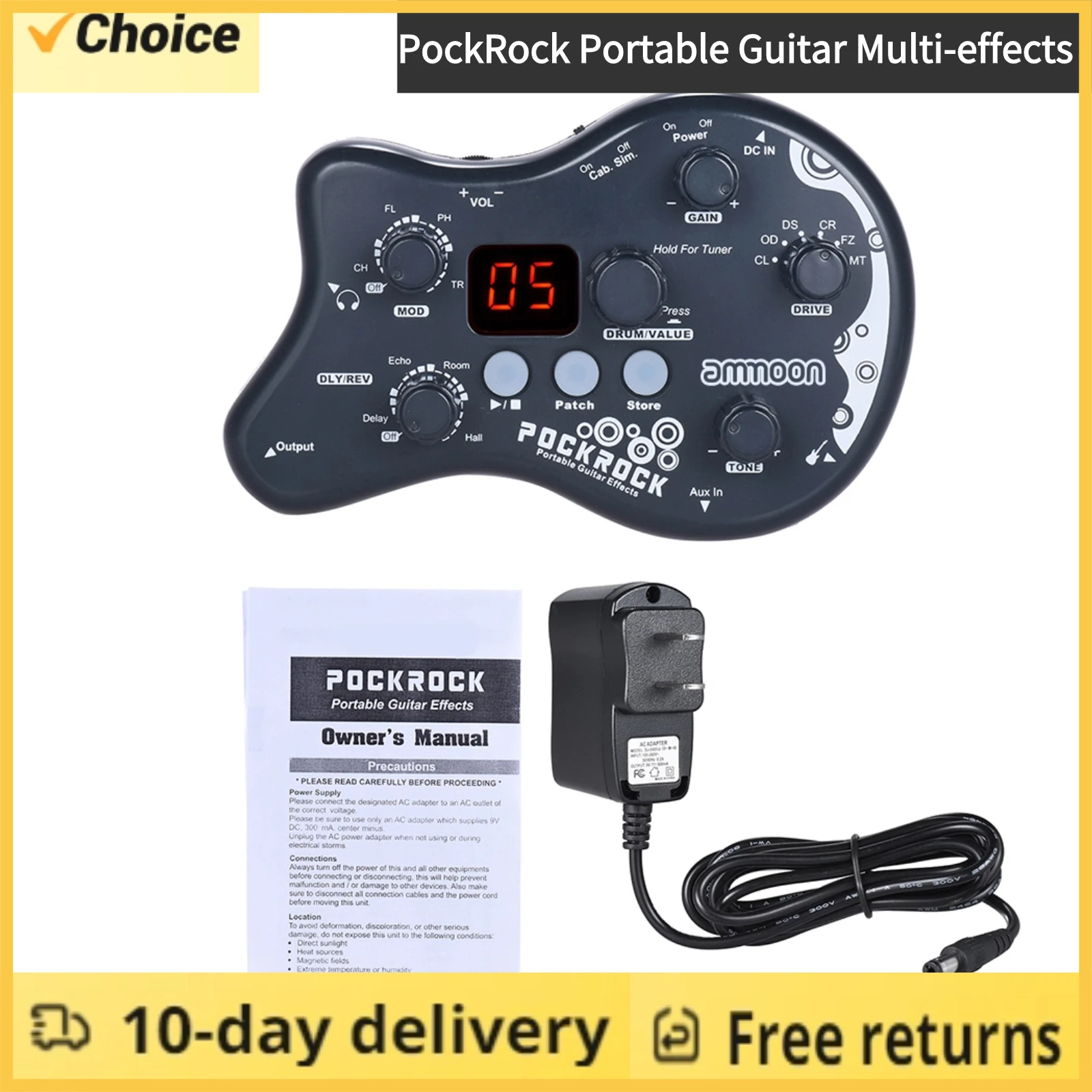 Portable Guitar Multi-effects Processor Effect Pedal 15 Effect Types 40 Drum Rhythms Tuning Function with Power Adapter