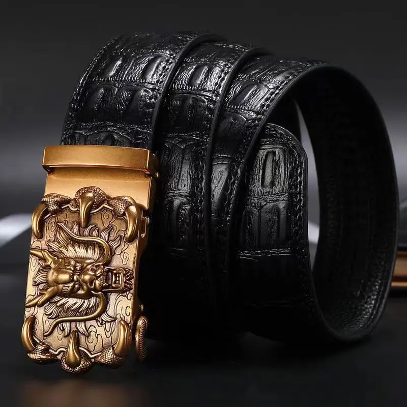 Men's Crocodile Pattern Automatic Buckle PU Belt Dragon Head Design Business Casual Belts Fashionable Multifunctional Waistband