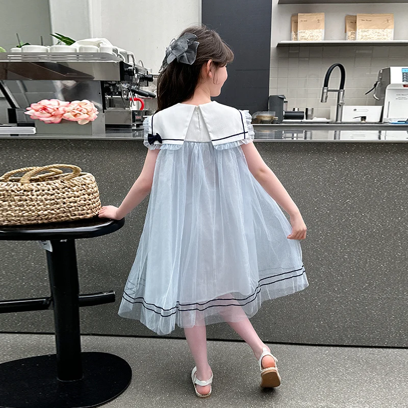 2025 New Navy Leading Children's Dress Summer Academy Style Girls' Yarn Skirt Holiday Beach Cool and Fashionable Princess Skirt