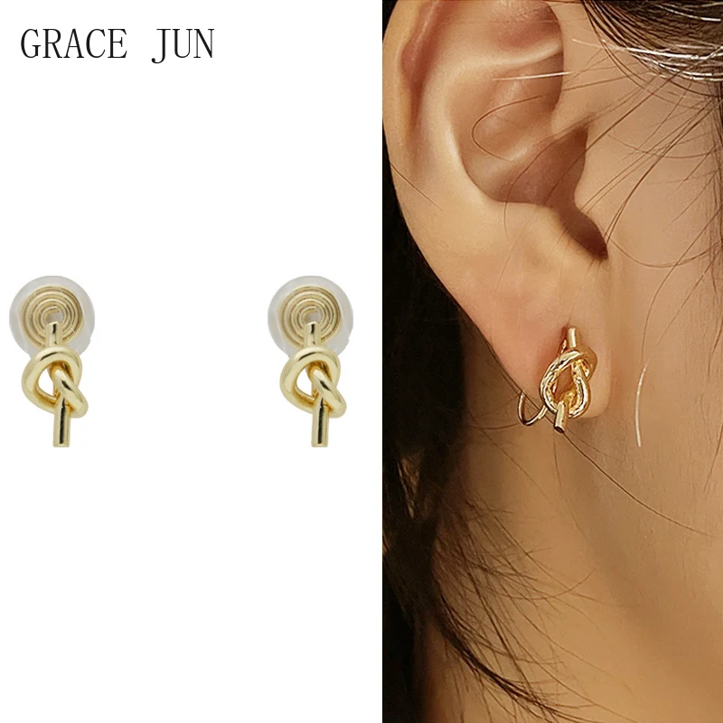 GRACE JUN Small Exquisite Metal Knotted Shape Gold Color Mosquito Coil Clip on Without Pierced Ear Hole Ear Clip Cuff Earrings