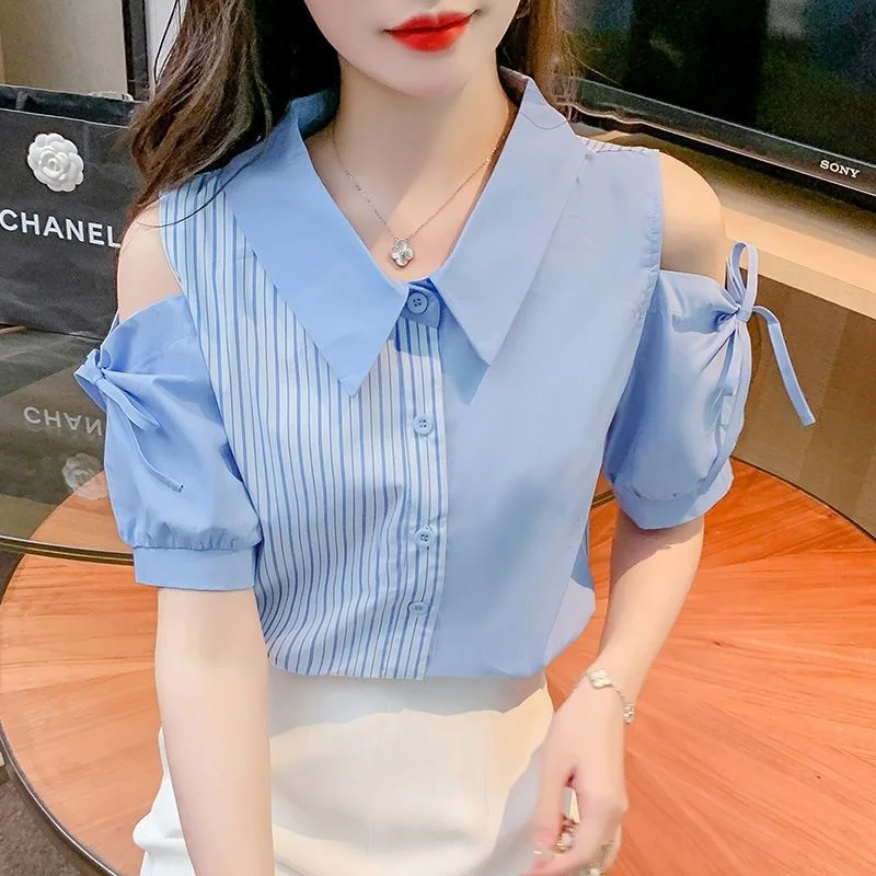 Short sleeved Chiffon Shirt for Women 2023 Summer Fashion Off Shoulder Beautiful Unique Top Wearing Foreign Small Blouse Shirt