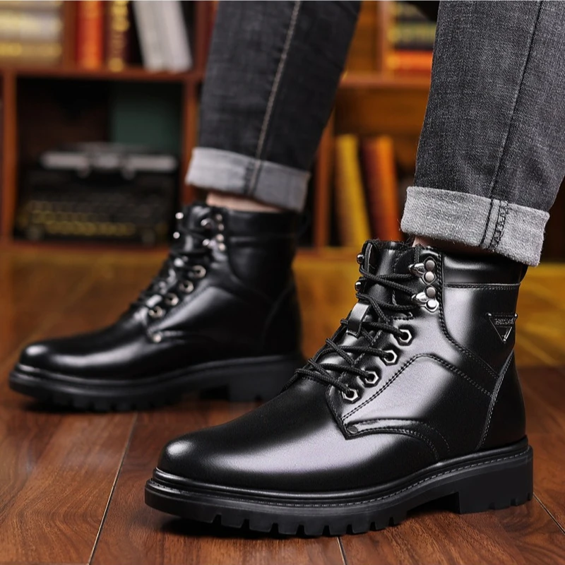 Winter Cow Leather Platform Boots for Men New Soft-soled Designer Warm Cotton Shoes for Men Fashion Casual Ankle Boots Male