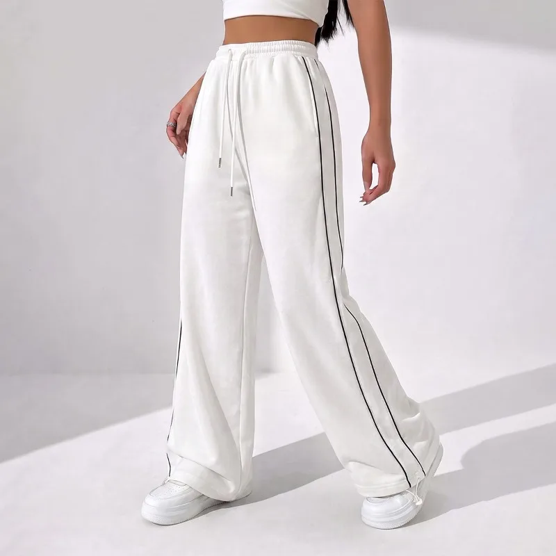 Women Solid Wide Leg Sports Pants Double Side Stripes Drawstring Loose Trousers Gym Running Casual High Stretch Athletic Bottoms