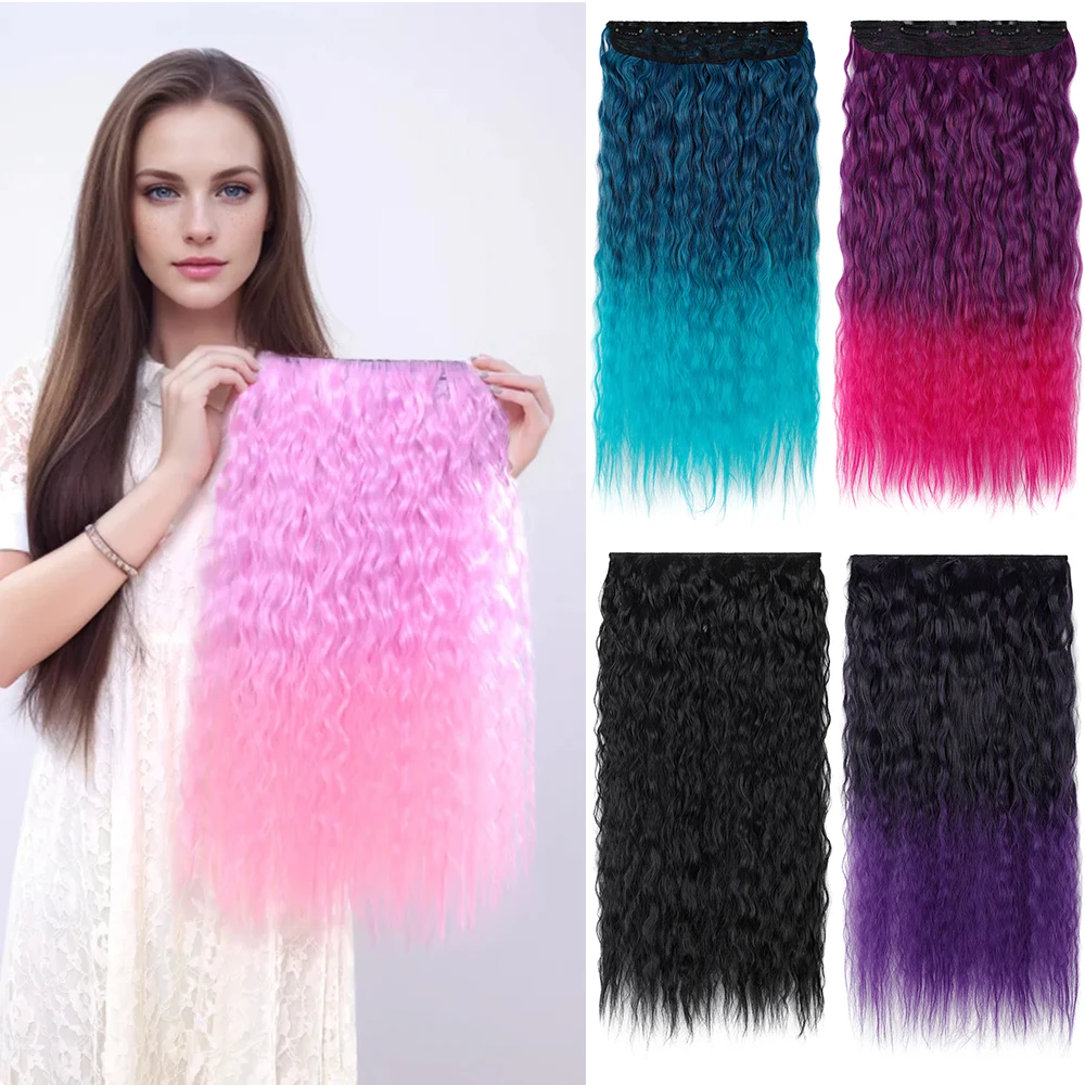 Jeedou Clip in Hair Extension Kinky Curly Hair One Piece 5Clips Blue Rainbow Color Cosplay Props Synthetic Hairpieces For Girls