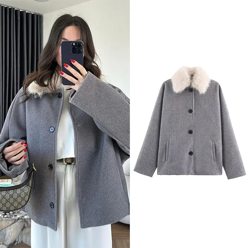 

Spring Autumn Women Warm Jacket with Faux Fur Collar Pocket Button Coat Female Jacket Elegant Chic Tops Casual Women's