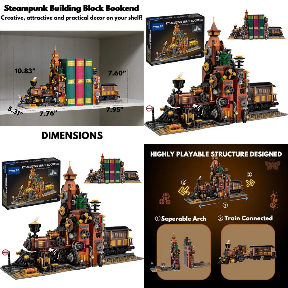 

Steampunk-Themed Train Bookends with Building Blocks, Light-Up Feature, and Detailed Mechanisms (1252 Pieces)