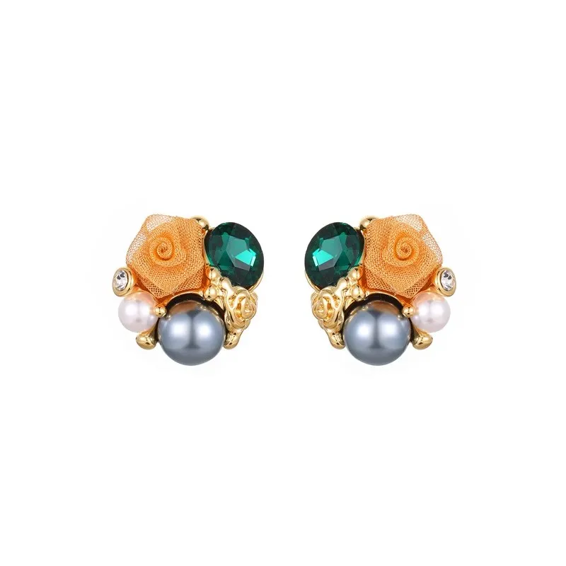 

Rose crystal stud earrings retro premium flower pearl earrings earrings