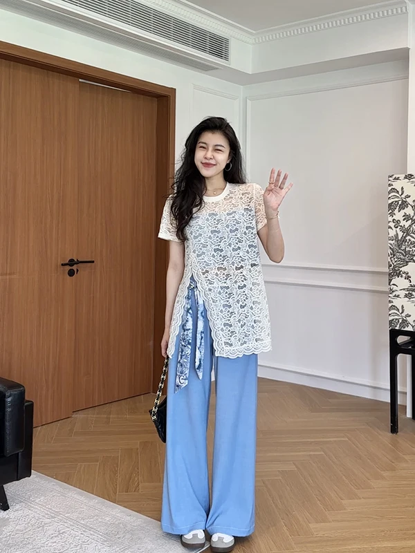 

Casual Wide Leg Pants Floral Lace Trim Split Top Two Piece Set for Young Women Summer Faion Outfit Polyester Fiber ort Sl...