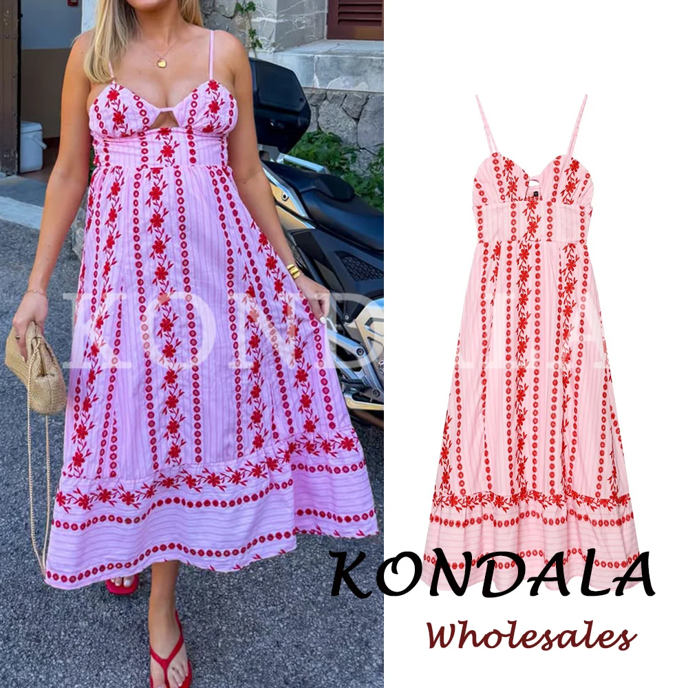KONDALA Embroidery Pink Sexy Hollowed Out Vintage Midi Woman Cami Summer Dress Fashion 2026 Lace-up Dress Holiday Beach Vestidos