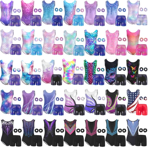 Imagen 1 del producto Leotardos de gimnasia para niñas, leotardo de baile brillante de 4 piezas para niños pequeños, trajes deportivos con pantalones cortos
