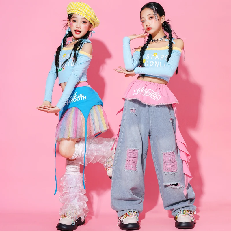 Chicas de Hip Hop K-pop con hombros descubiertos, Top corto dulce, pantalones Cargo, faldas Tiere, ropa de calle para niños, conjunto de ropa de baile de grupo de Jazz para niñas