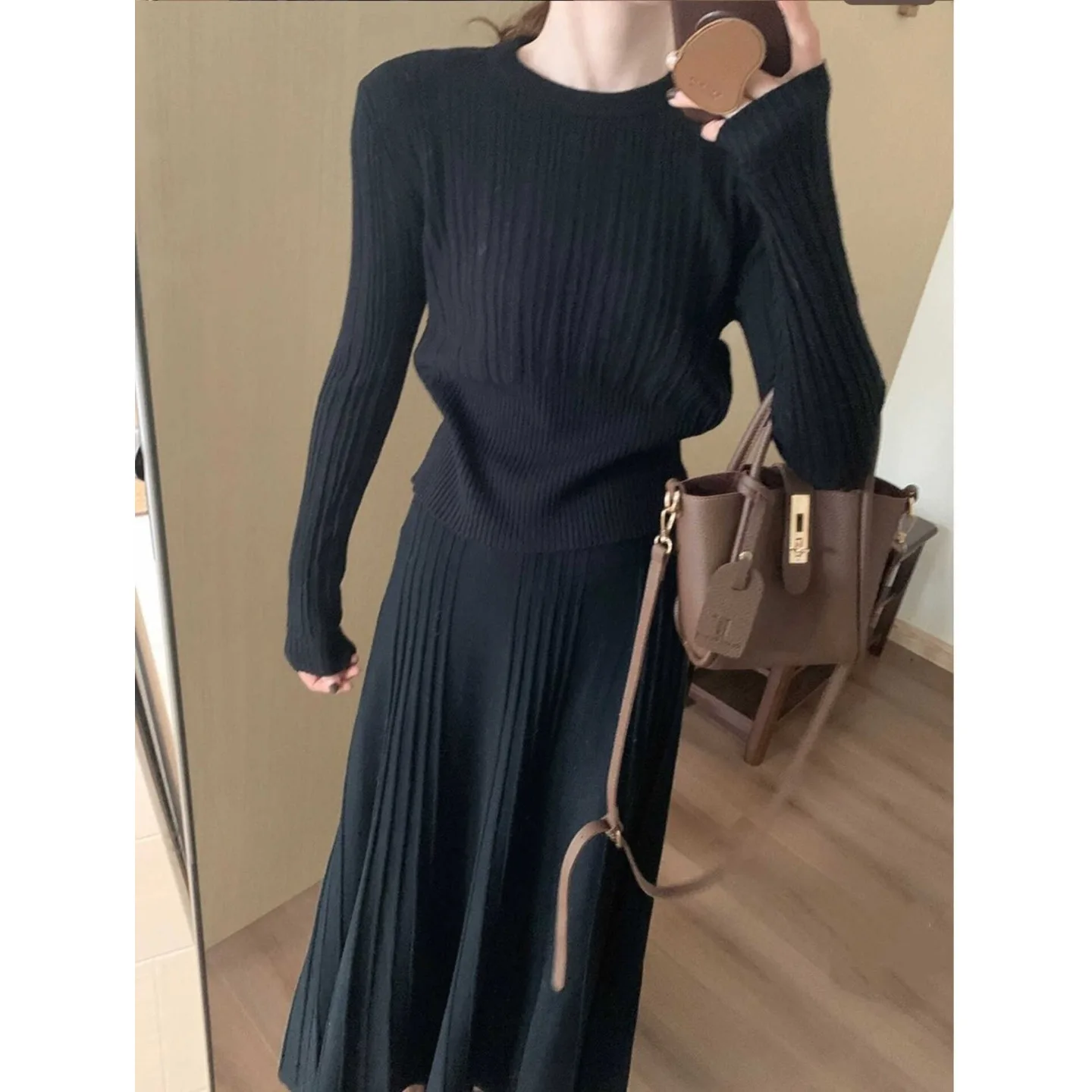 Koreanische Sle Hohe Taille Gestrickte runde Ne Gestreiften Top Und Rock Zwei Stück Set frauen Faion Herbst Winter Kollektion