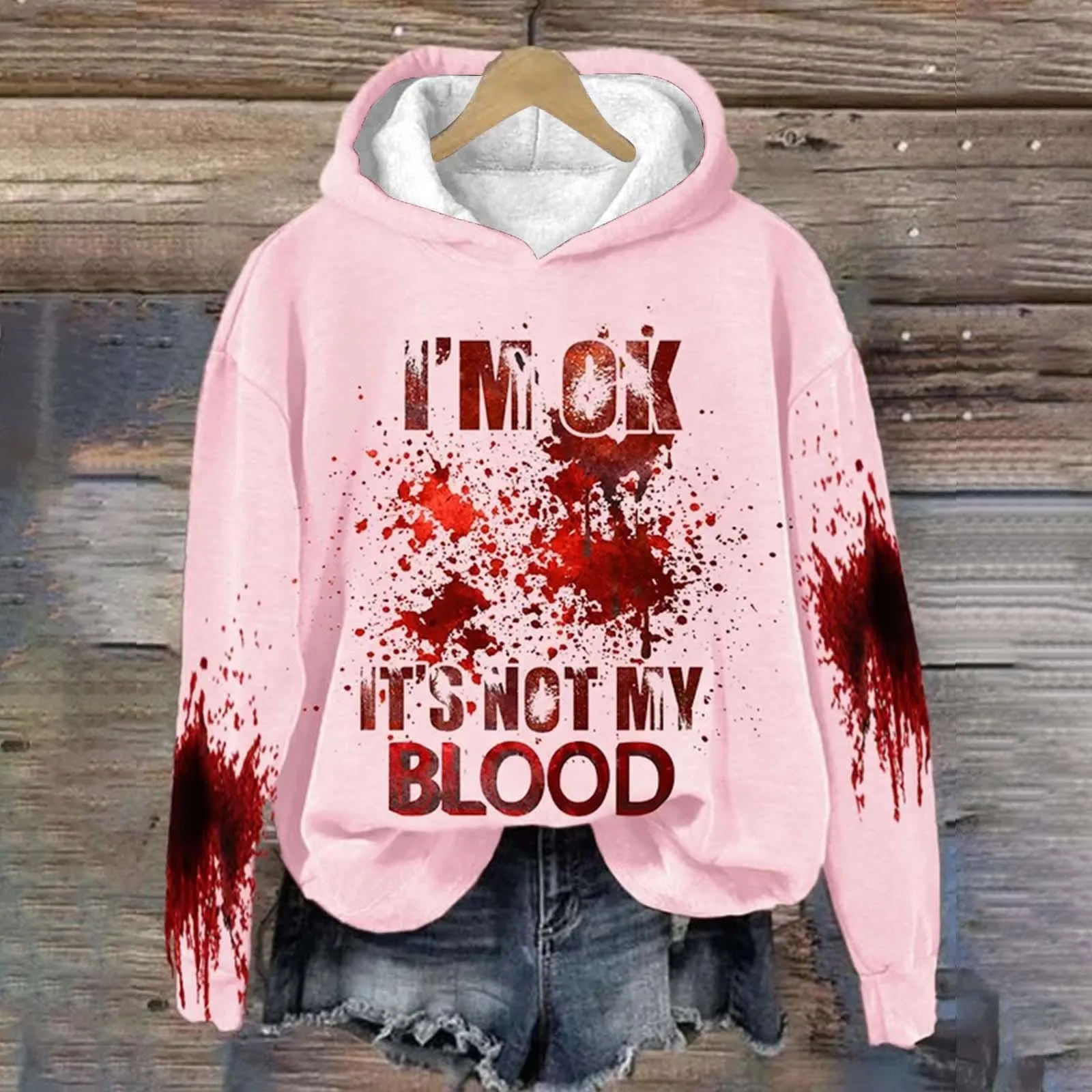 

Goth Sweatshirts Women I'M OK It'S Not My Blood Hoodies Halloween Sarcastic Humor Hooded Pullover Female Blouses