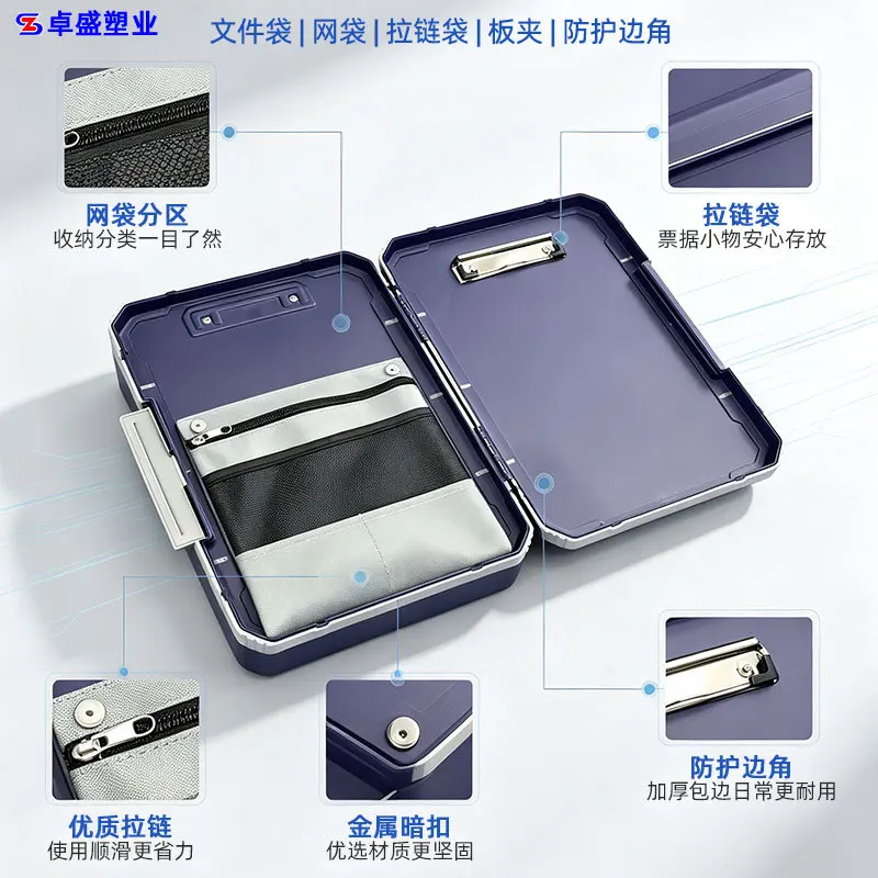 A4 Multi Functional Clipboard File Storage Box with Zipper Document Bag, PP Waterproof Portfolio Case, Reinforced Clip Writing