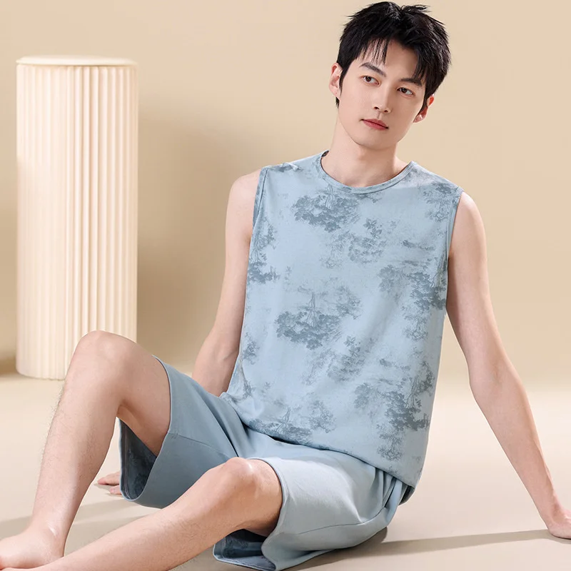 Vest men's pajamas summer thin teenager home clothing set plus large size striped shorts sleeveless shorts 3