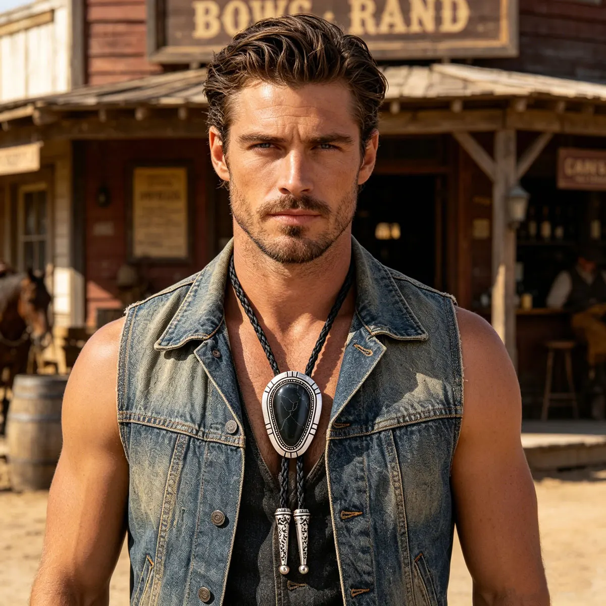 Western Cowboy Retro Mode Tropfenförmiger Metallkanten-Stil Schwarzer Obsidian Herren Bolo-Krawatte – Detail 2