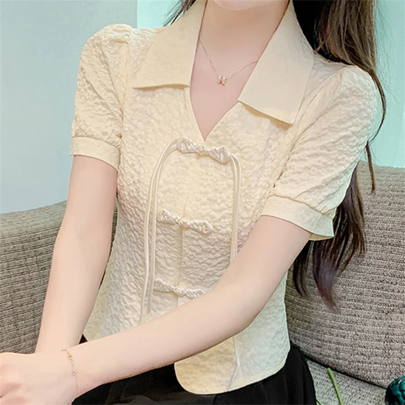 Vintage Chinese Style Chiffon Shirt Women Summer 2024 New Working Clothes Short-sleeved Top Female Clothing Lace-up Button Shirt